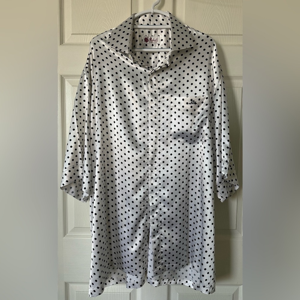 Michael's Custom Clothes White/Black  Polka Dot Silk Night Shirt Size XL NC0133